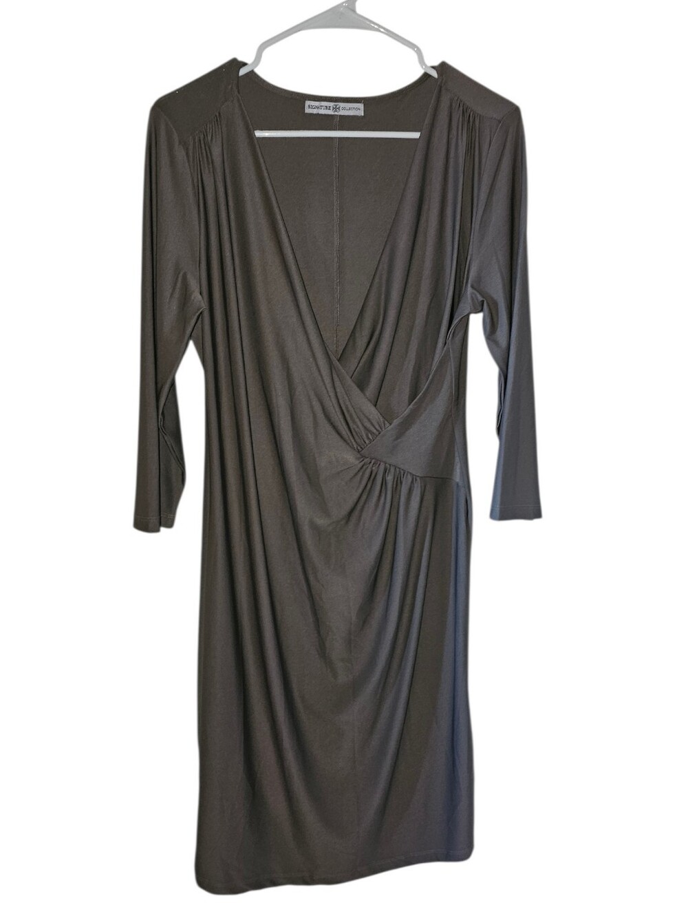 Signature Collection Gray Long-Sleeve Faux-Wrap Dress